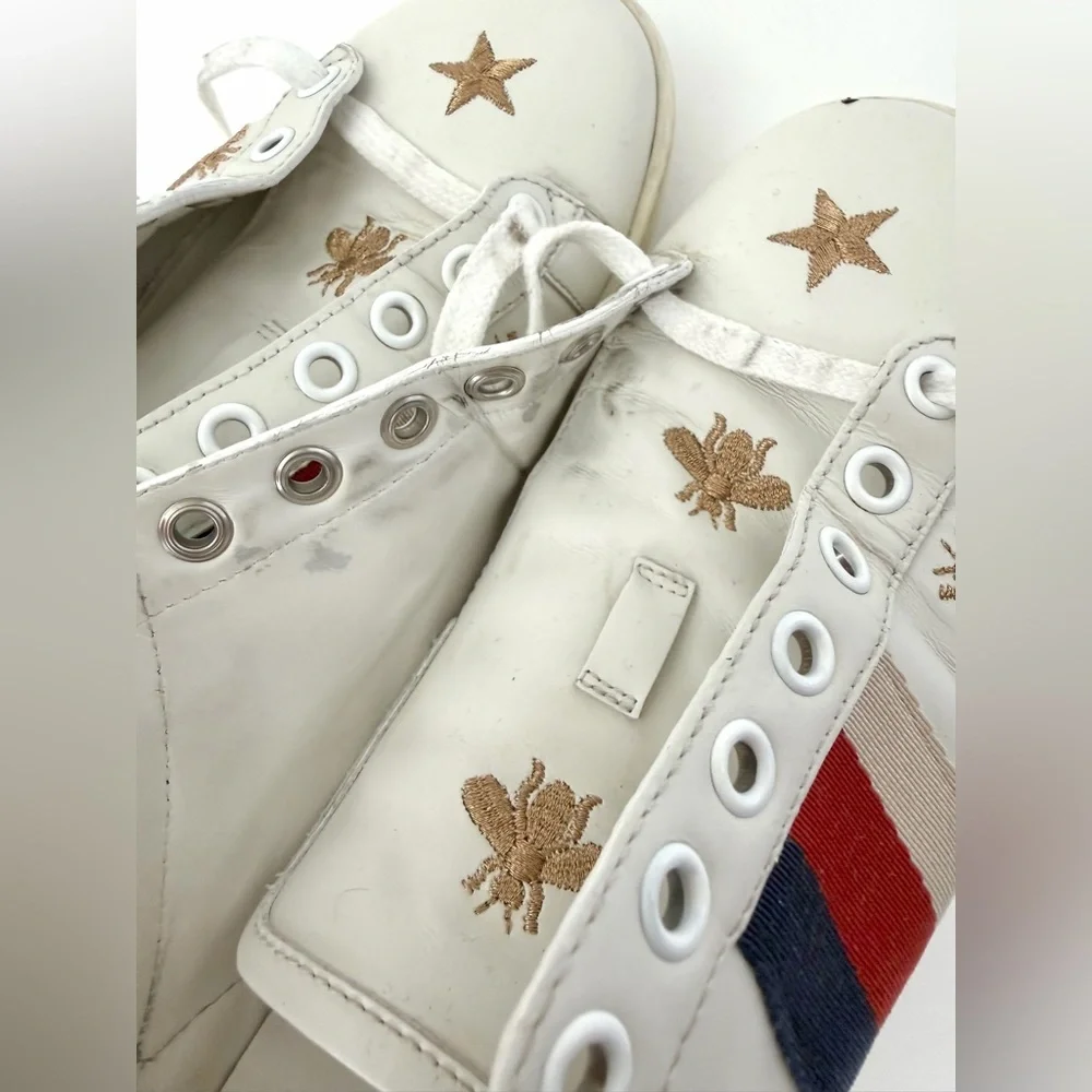 GUCCI || Ace‎ White Leather Embroidered Bee Star Sneakers Collapsible Heel EU 36